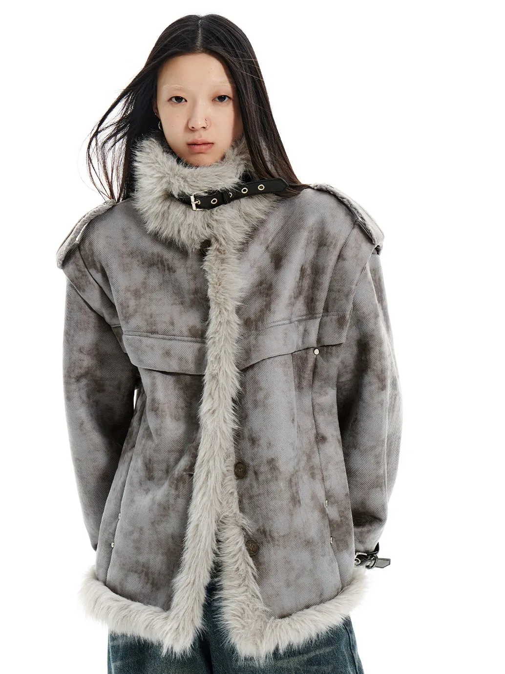 Stand-Collar Fur Stitch Loose Work Jacket