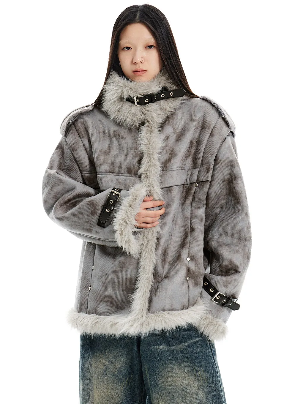 Stand-Collar Fur Stitch Loose Work Jacket