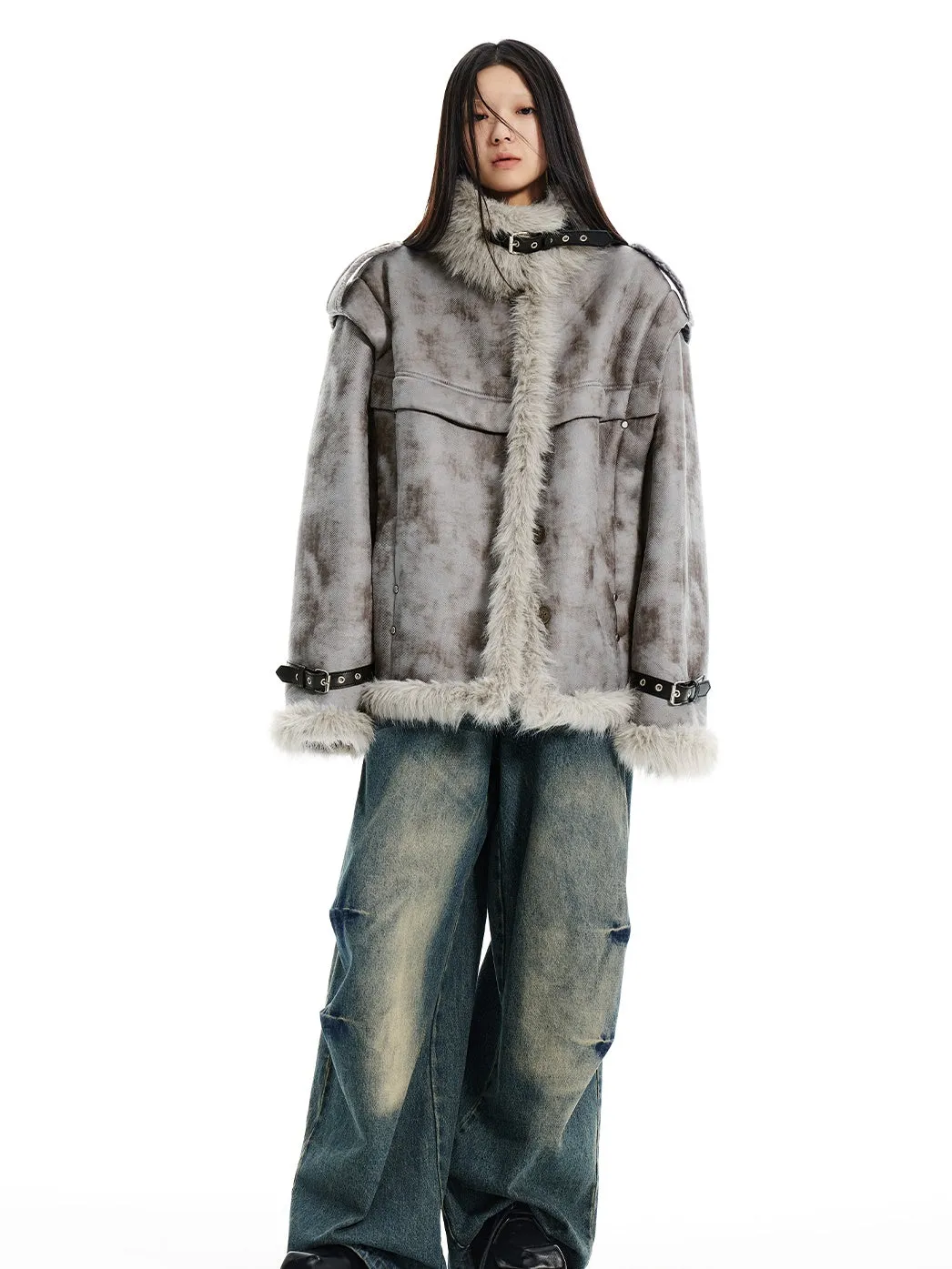 Stand-Collar Fur Stitch Loose Work Jacket