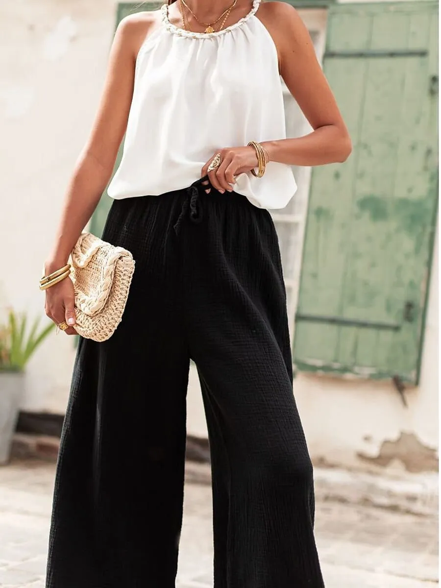 Stylish and Breathable Wide Leg Linen Cotton Pants with High Waist and Drawstring