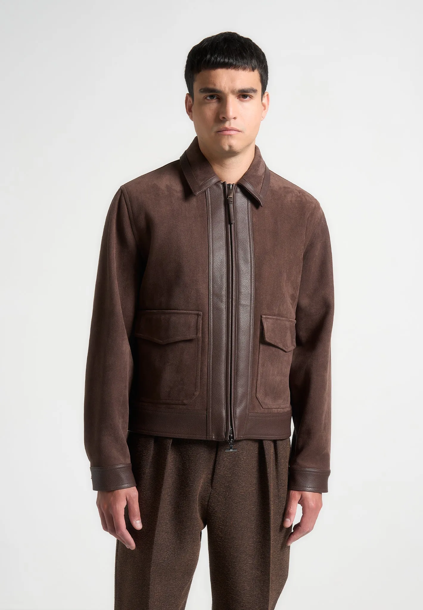 Suede & Pebbled Leather Jacket - Brown