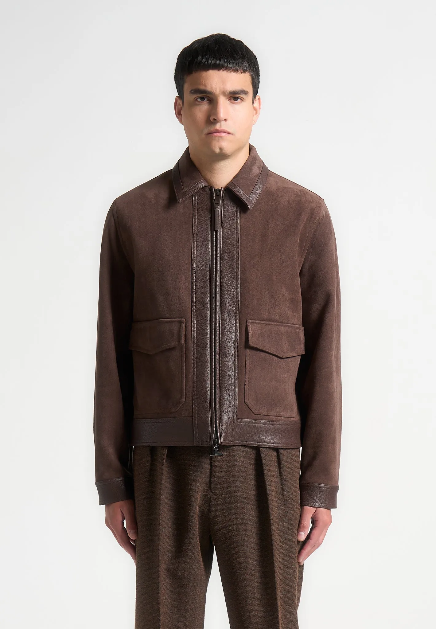 Suede & Pebbled Leather Jacket - Brown