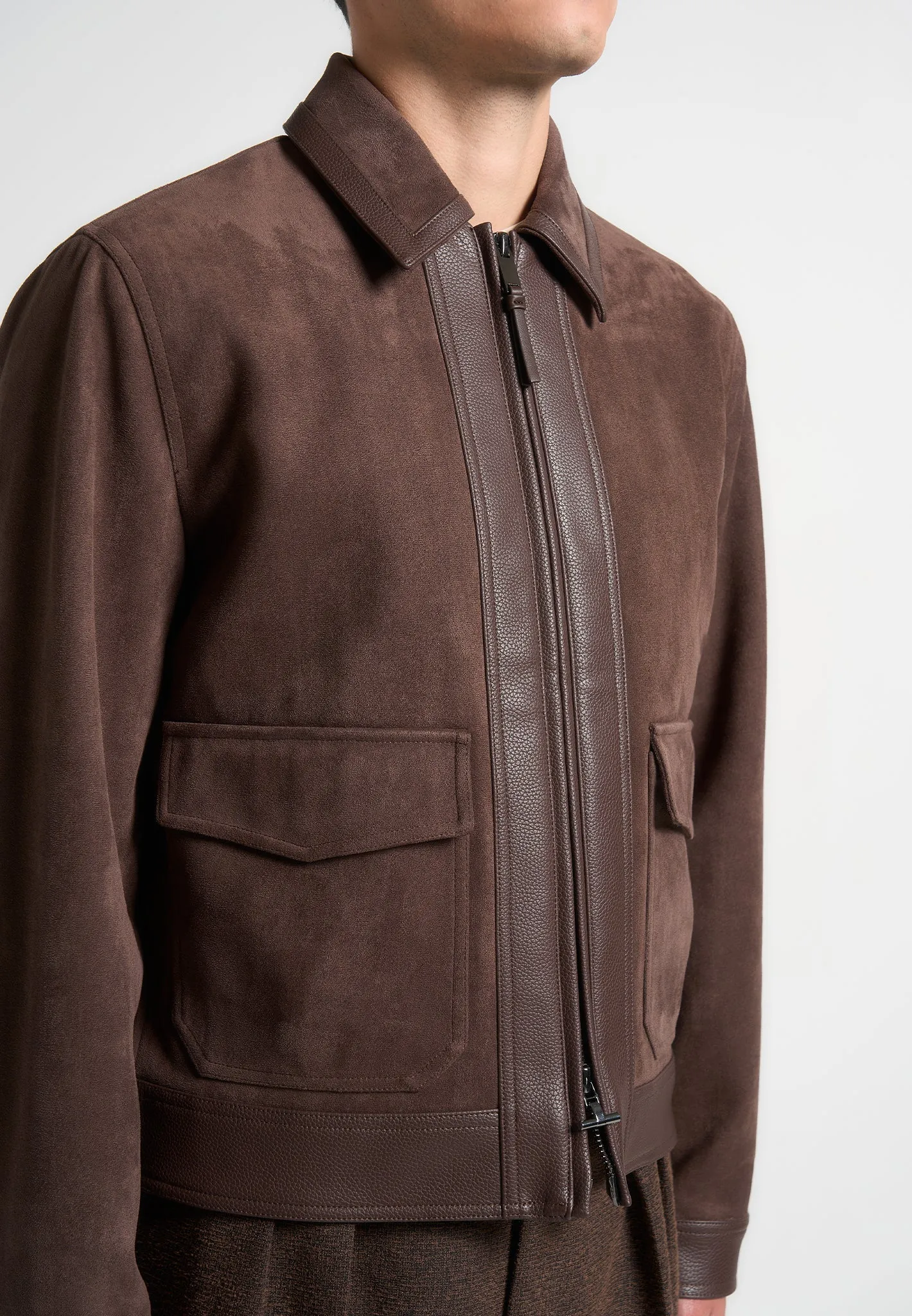 Suede & Pebbled Leather Jacket - Brown