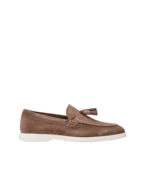 Suede Slip-on Loafers with Tassel Trim - Beige