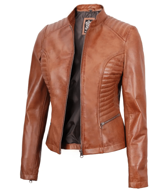 Tall Women's Tan Brown Cafe Racer Leather Jacket