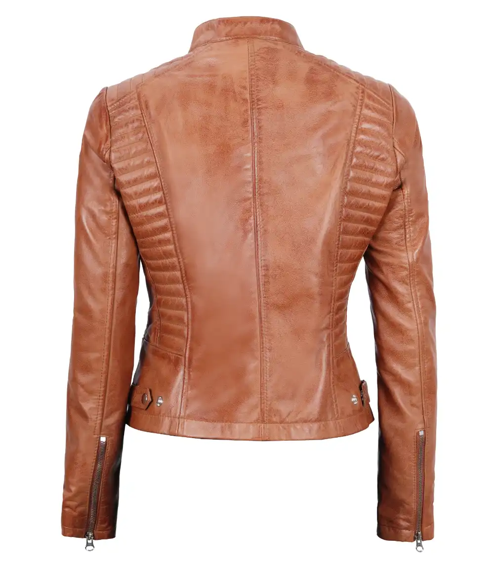 Tall Women's Tan Brown Cafe Racer Leather Jacket