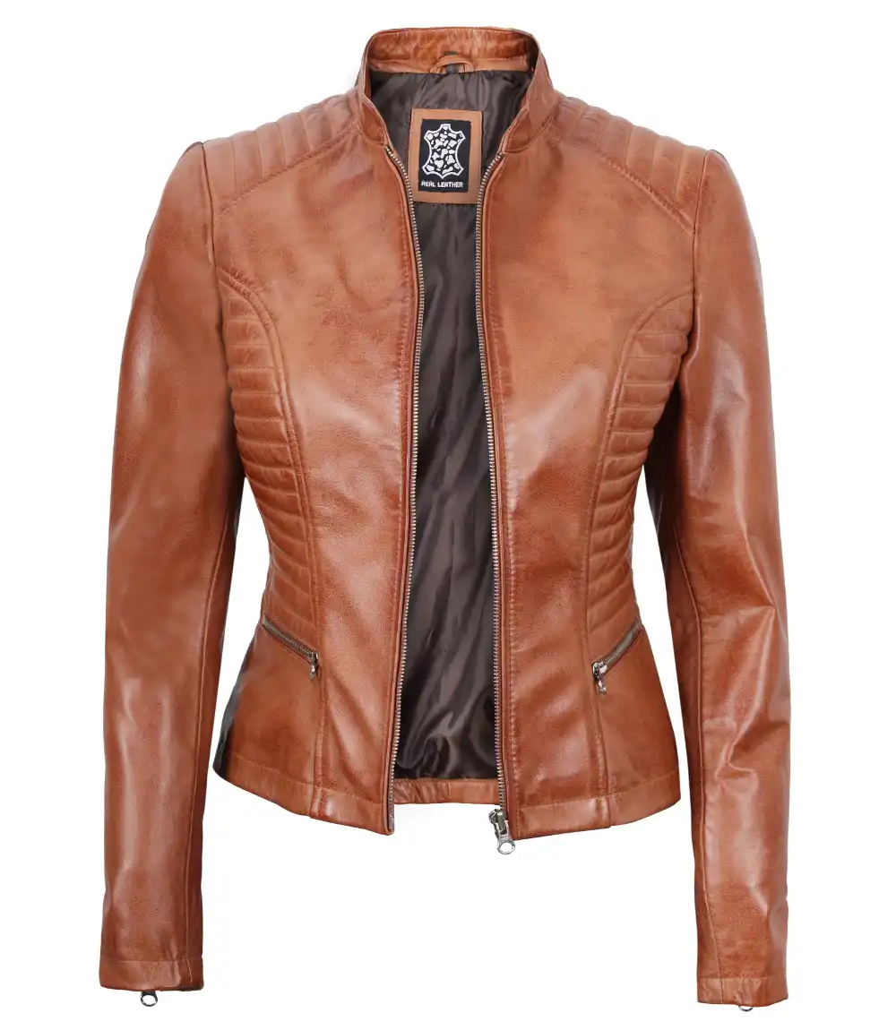 Tall Women's Tan Brown Cafe Racer Leather Jacket