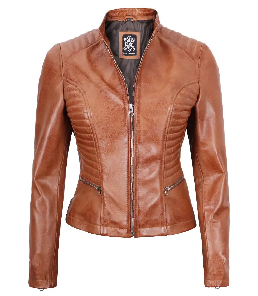 Tall Women's Tan Brown Cafe Racer Leather Jacket