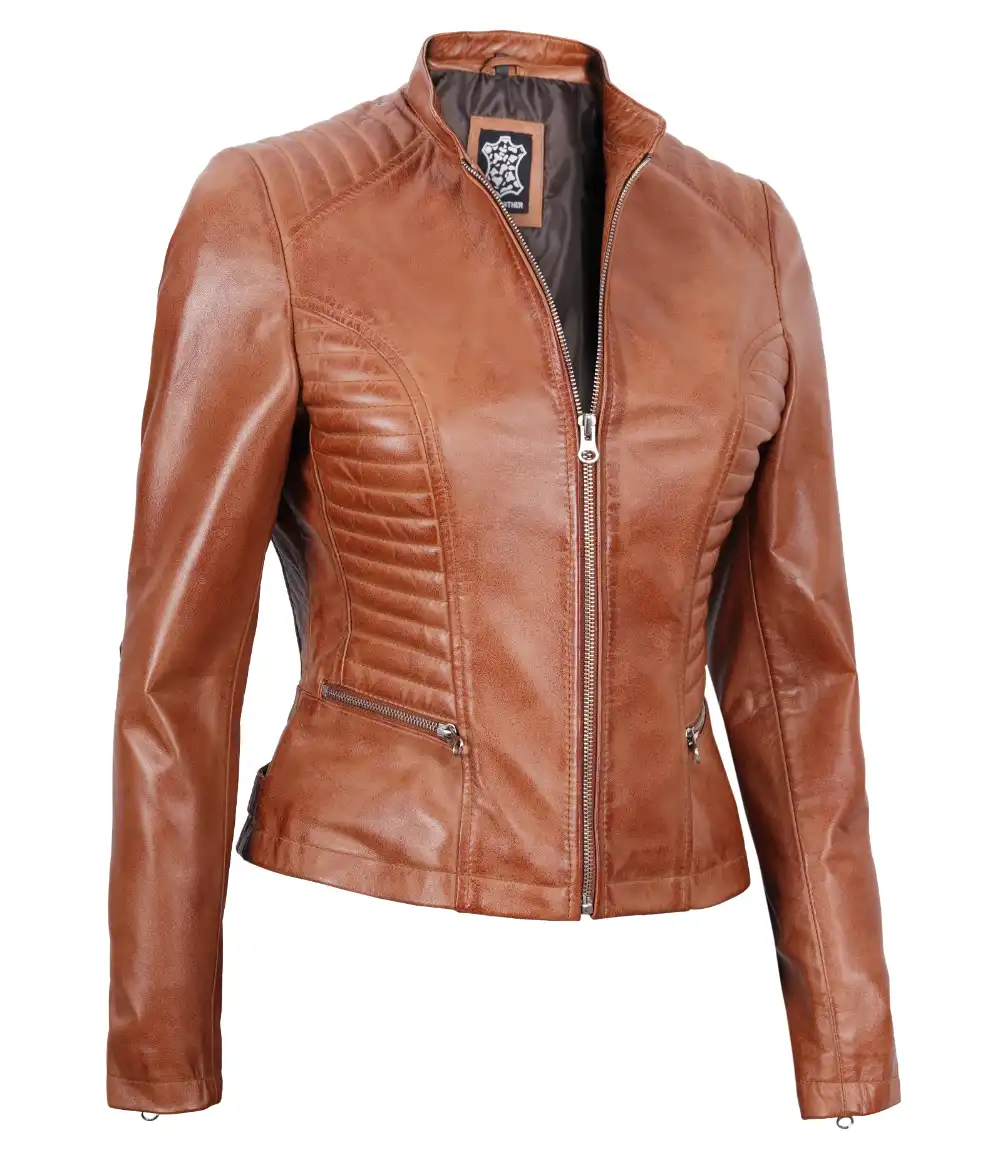 Tall Women's Tan Brown Cafe Racer Leather Jacket