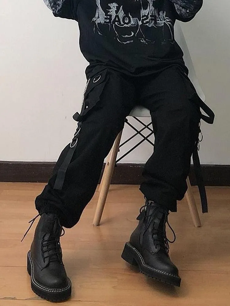 Techwear Style: Gothic Black High Waist Cargo Pants