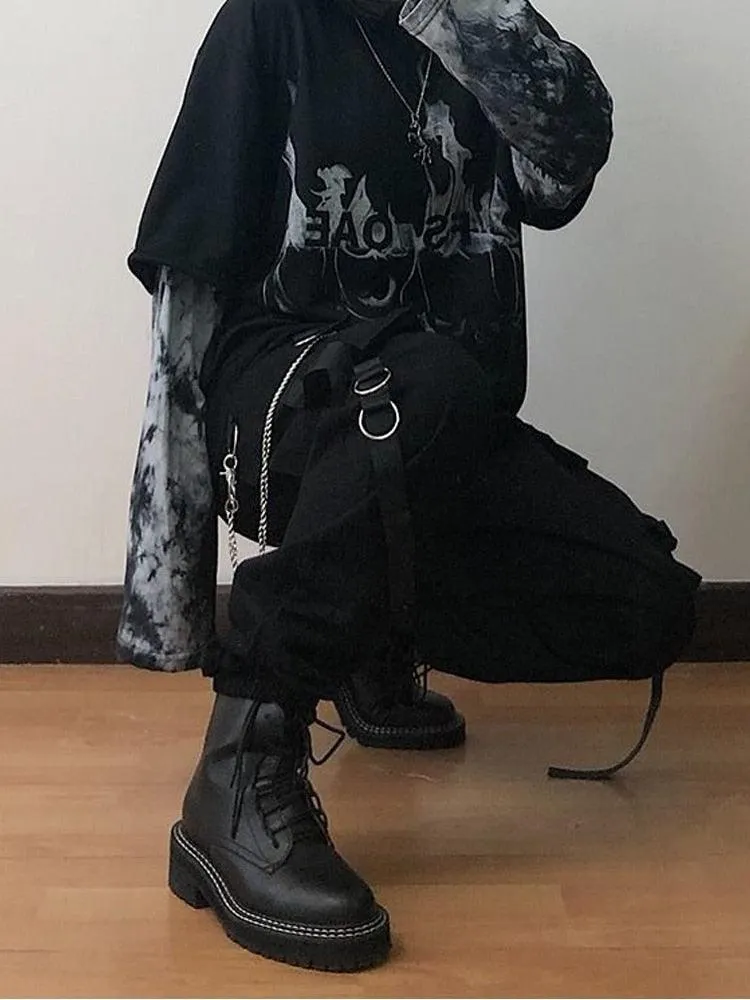 Techwear Style: Gothic Black High Waist Cargo Pants