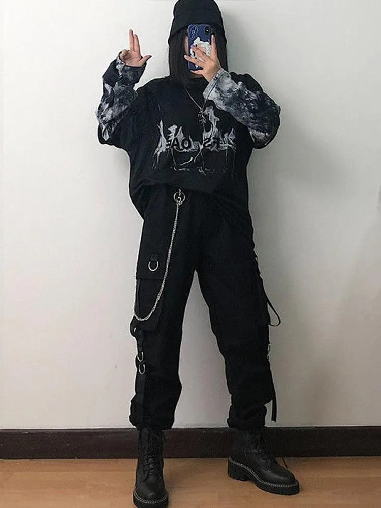 Techwear Style: Gothic Black High Waist Cargo Pants