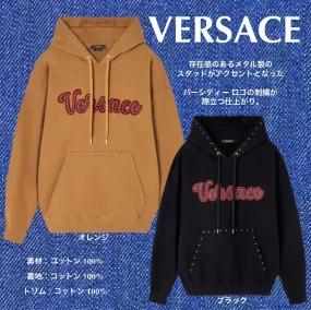 VERSACE  |Studded Long Sleeves Cotton Logo Luxury Hoodies