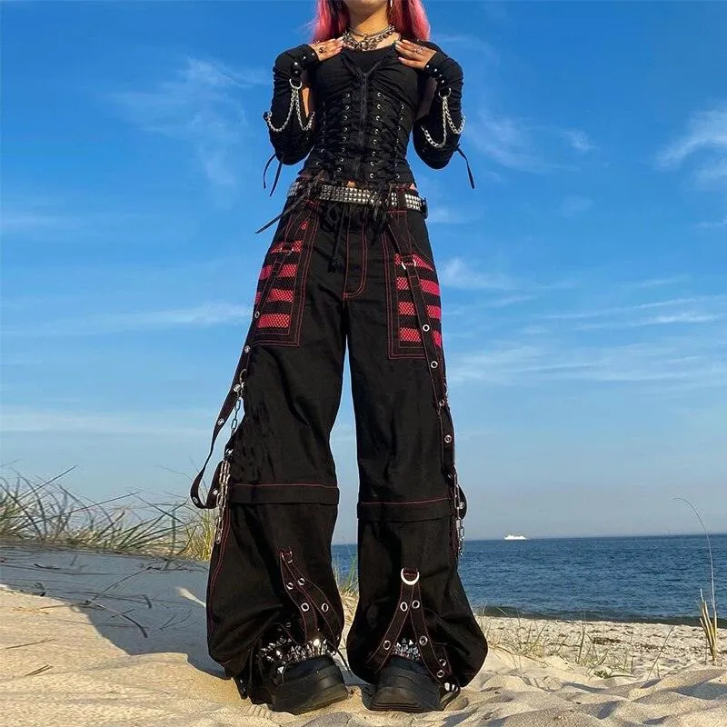 Vintage Gothic Grunge Cargo Pants for Women with Bandage Detailing - E-girl Style