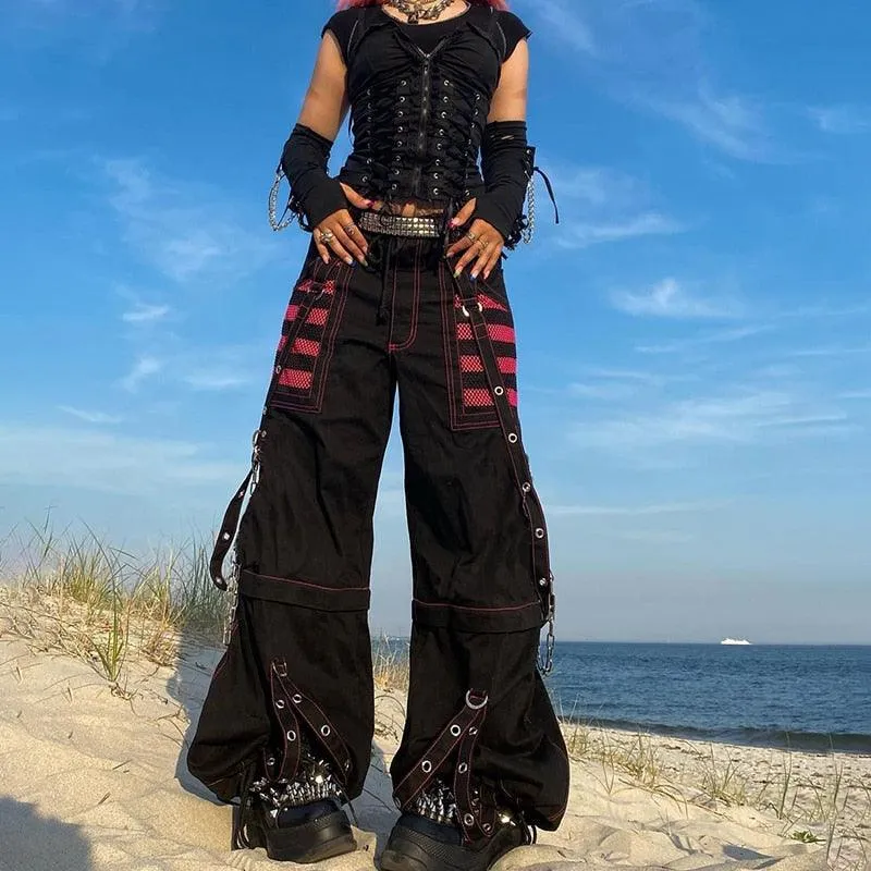 Vintage Gothic Grunge Cargo Pants for Women with Bandage Detailing - E-girl Style