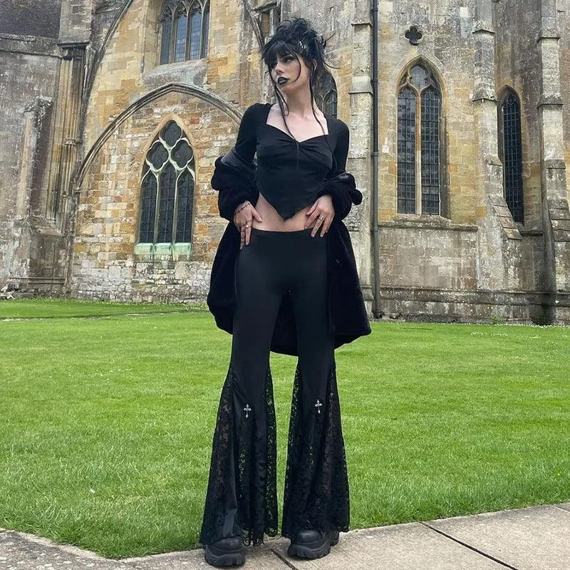 Vintage High-Waist Flare Pants with Sexy Black Lace Patchwork - Gothic Mall Style