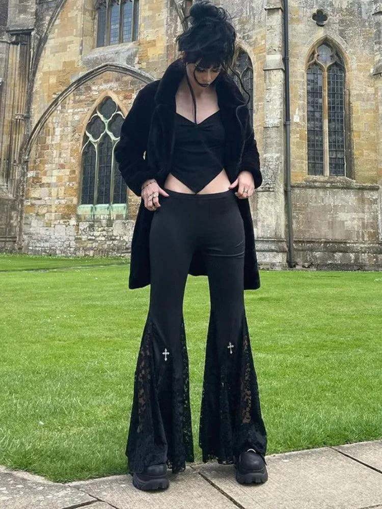 Vintage High-Waist Flare Pants with Sexy Black Lace Patchwork - Gothic Mall Style