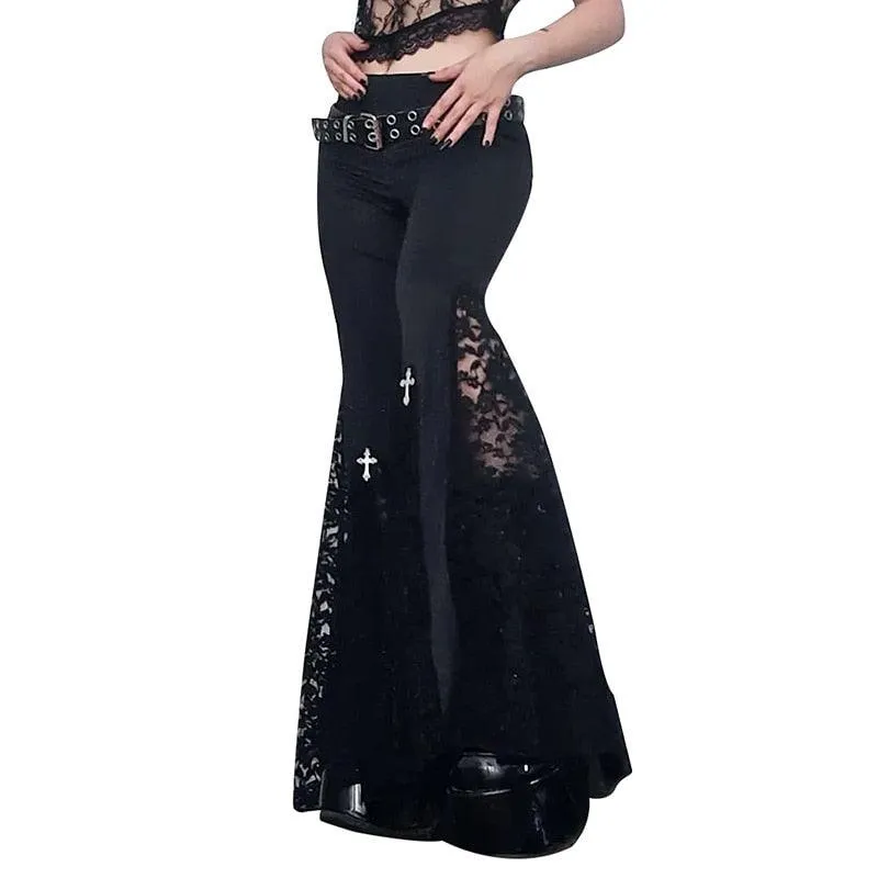 Vintage High-Waist Flare Pants with Sexy Black Lace Patchwork - Gothic Mall Style