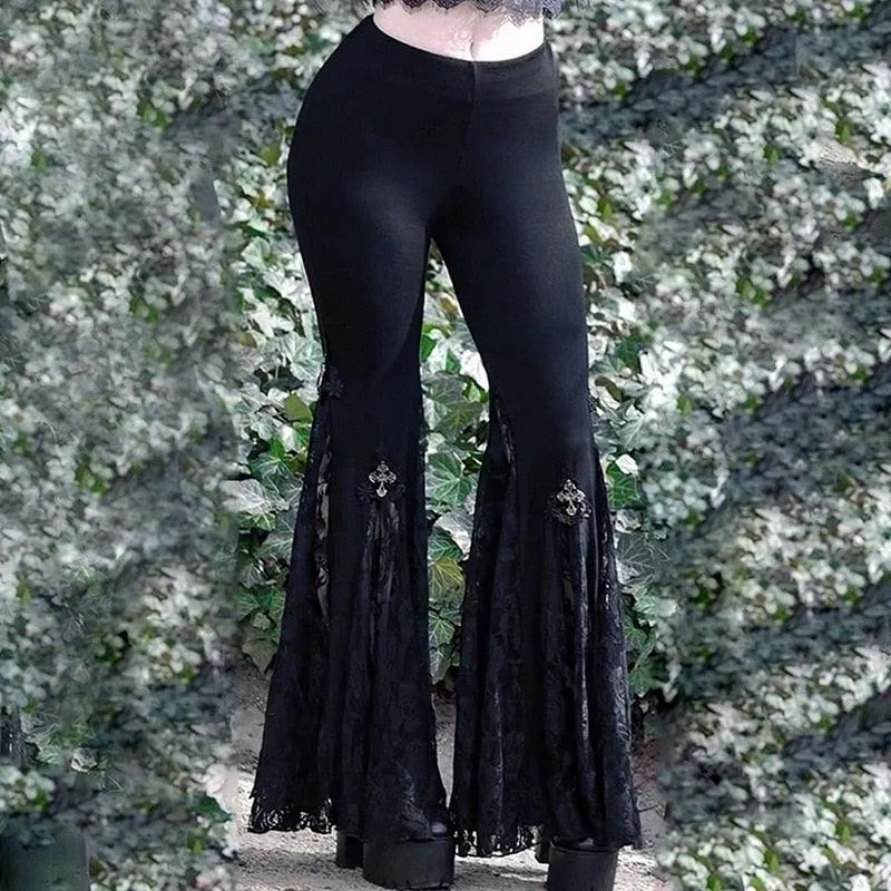 Vintage High-Waist Flare Pants with Sexy Black Lace Patchwork - Gothic Mall Style