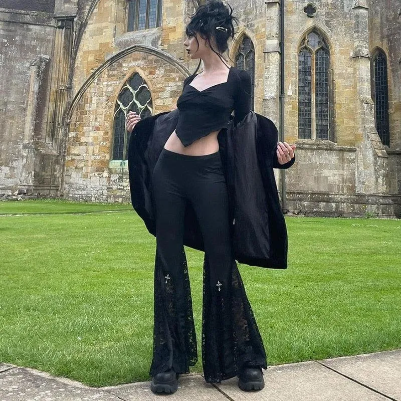 Vintage High-Waist Flare Pants with Sexy Black Lace Patchwork - Gothic Mall Style