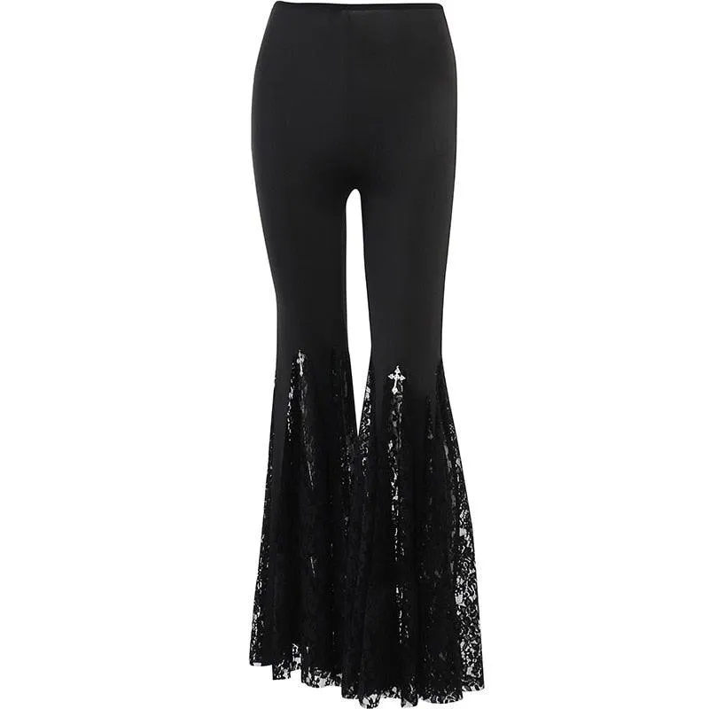 Vintage High-Waist Flare Pants with Sexy Black Lace Patchwork - Gothic Mall Style