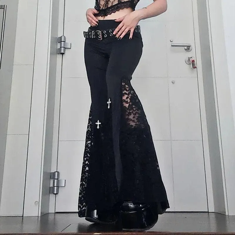 Vintage High-Waist Flare Pants with Sexy Black Lace Patchwork - Gothic Mall Style