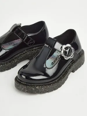 Wide Fit Black Flower T-Bar Glitter Sole School Shoes | School | George at ASDA