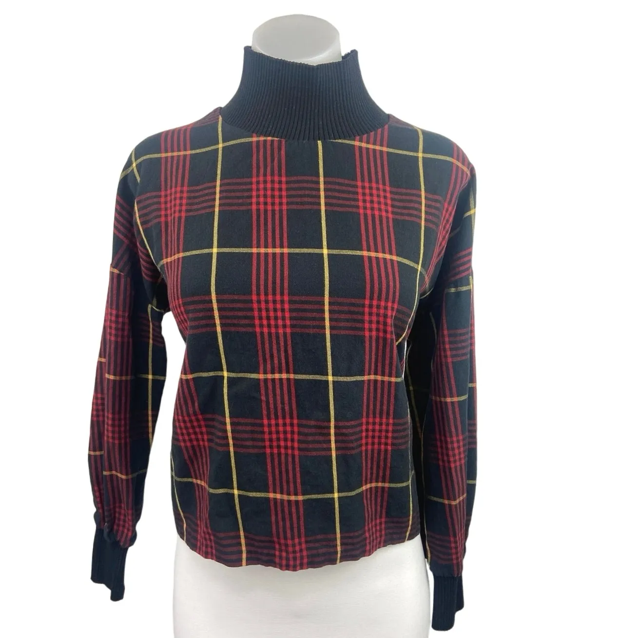 Zara Woman Red Black Plaid Tartan Turtleneck Pullover Sweater Top Size XS